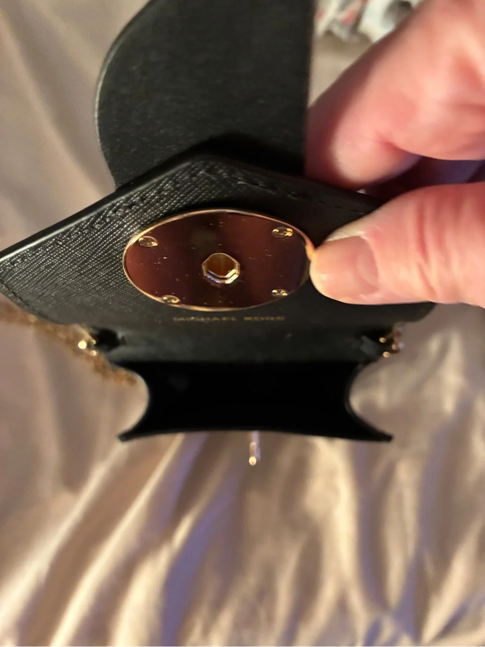 Michael Kors Black Leather Phone Crossbody with Gold Chain Strap
